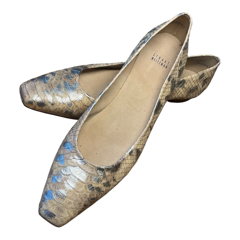 Stuart Weitzman Cream Gold Metallic Snakeskin Flat Shoes | Size 12 | $475